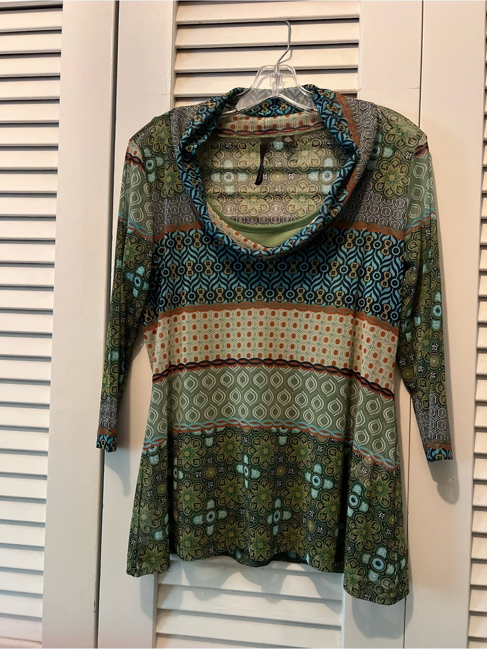 Skye's the Limit Olive and Teal Patterned Cowl Neck Long Sleeve Top